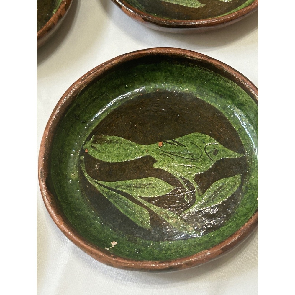 Patamban Michoacan Saucer Green Fish Red Ware Pottery Mexican Folk Art 8pc